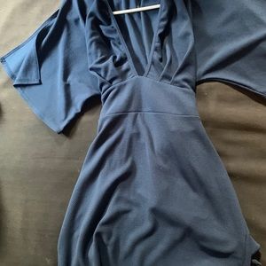 Boohoo deep v, bell sleeve dress.